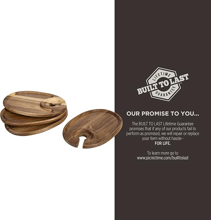 PICNIC TIME TOSCANA -Wine Appetizer Plates, Cocktail Plate with Glass Holder, Cheese Board with Wine Holder, (Acacia Wood), 9 x 6, Set of 4-Ruum Studio Home