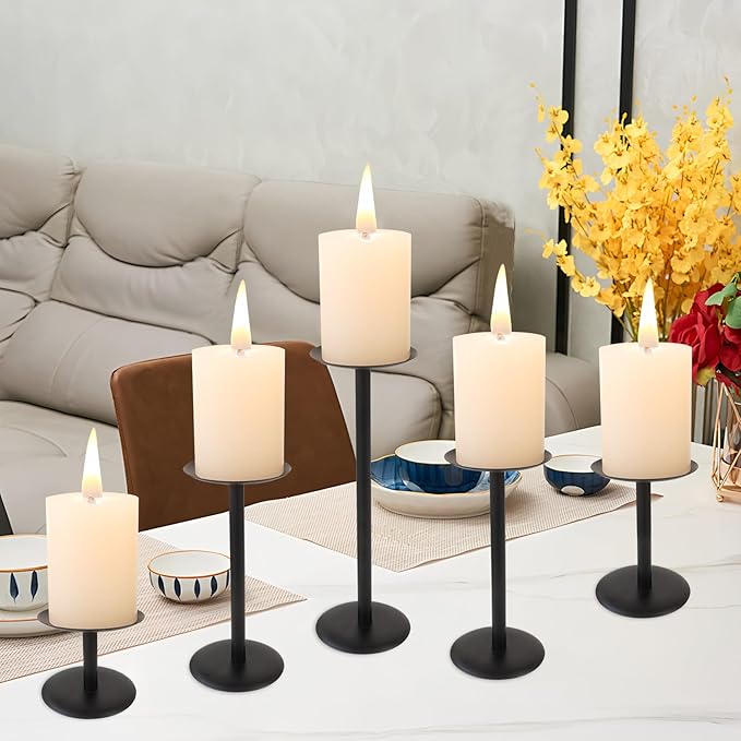 Set of 7 Metal Black Candle Holders, Assemblable Pillar and Taper Candlesticks, Halloween Fall Thanksgiving Day Dining Table Centerpieces Decor, Mantle Fireplace Candle Sticks Decorations-Ruum Studio Home