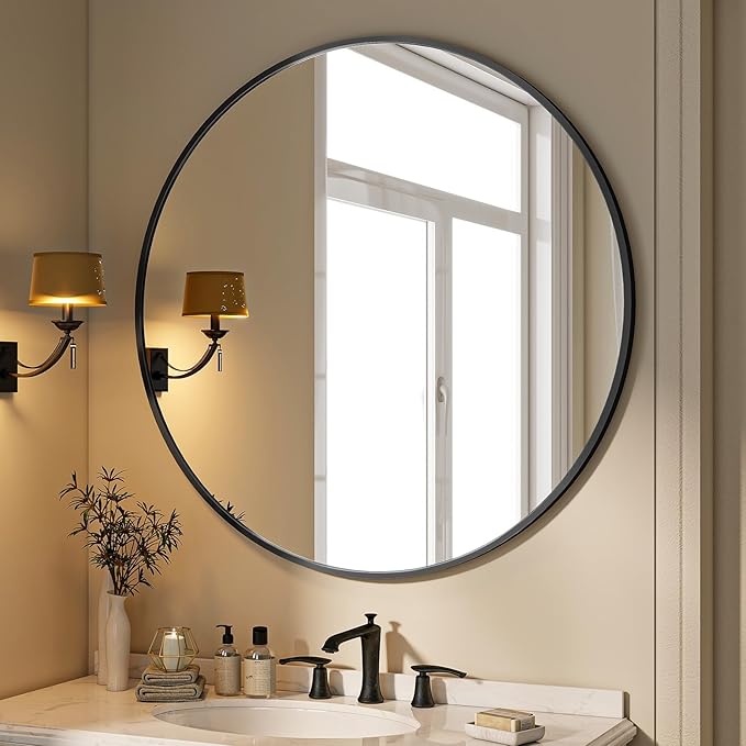 BEAUTYPEAK 40 Inch Round Mirror, Metal Frame Circle Mirror, Wall Mounted for Entryway, Bathroom, Vanity, Living Room, Black-Ruum Studio Home