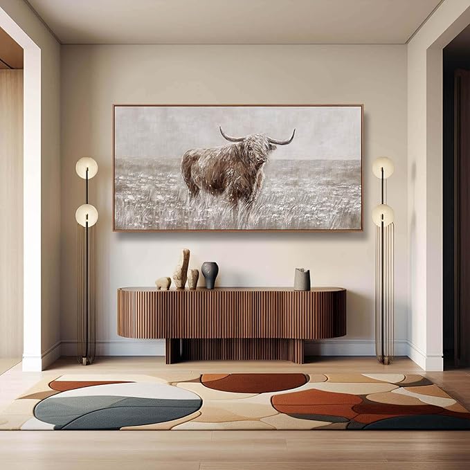Farmhouse Highland Cow Wall Decor on Canvas with Framed Large Landscape Brown Artwork for Bedroom Living Room Office Decor 29x58 Inch-Ruum Studio Home