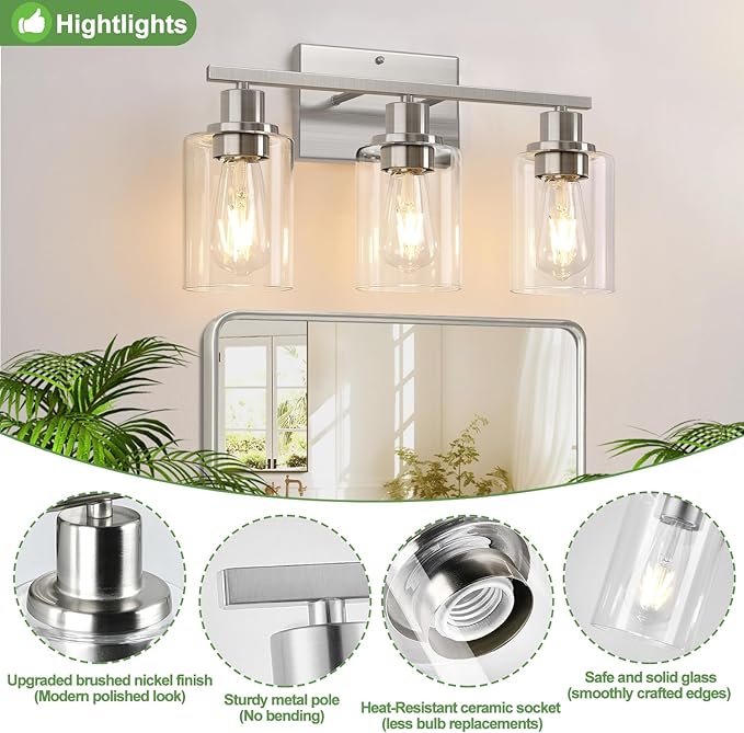 3-Light Bathroom Light Fixtures, Brushed Nickel Vanity Lights with Clear Glass Shades, Modern Bathroom Wall Lamp for Mirror Living Room Cabinet Bedroom Porch-Ruum Studio Home