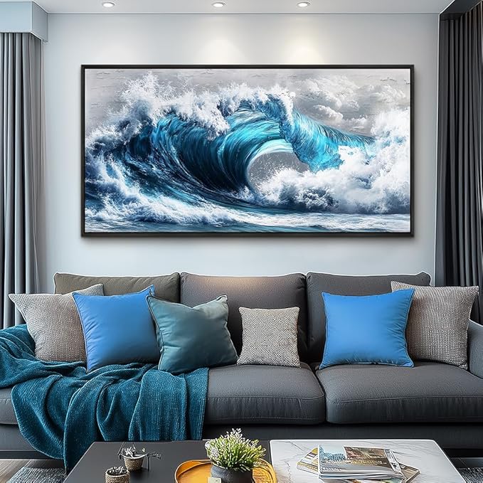 PHAOHUAXM Large Canvas Blue Wave Paintings Wall Art For Living Room Wall Decoration For Bedroom Ocean Wall Pictures Printing Office Decorations Posters Modern Home Decor Black Framed 30x60 In-Ruum Studio Home