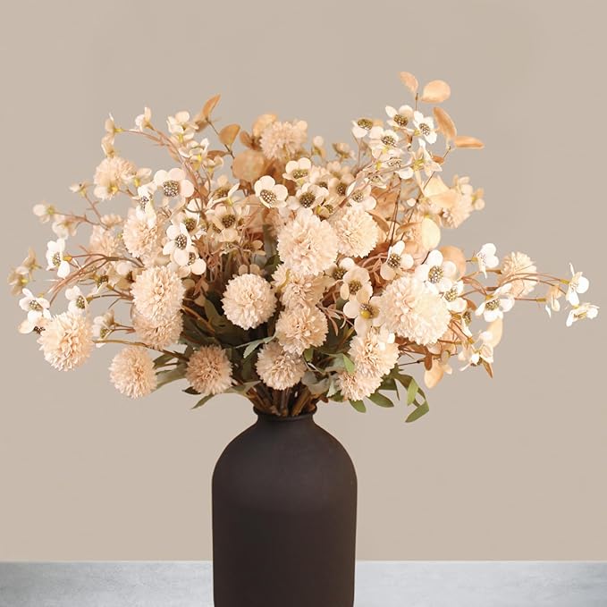 Beige Silk Flower Arrangements For Home Decor, Large Floral Centerpieces For Tables, Fake Mums + Eucalyptus + Wild Flowers in Bulk, Long Stem Artificial Flowers Coffee Dining Table, Faux Mums Flowers-Ruum Studio Home