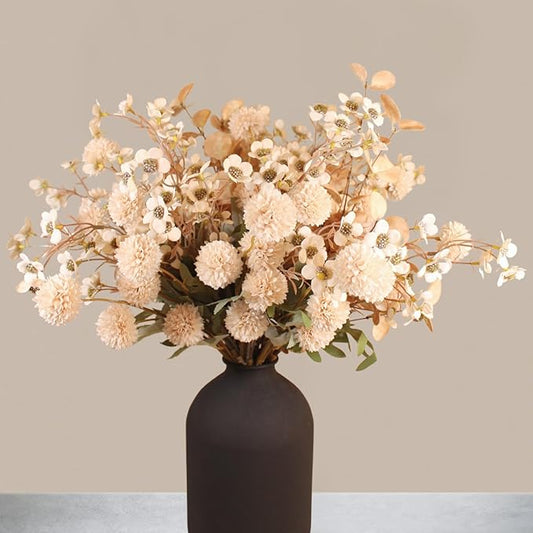 Beige Silk Flower Arrangements For Home Decor, Large Floral Centerpieces For Tables, Fake Mums + Eucalyptus + Wild Flowers in Bulk, Long Stem Artificial Flowers Coffee Dining Table, Faux Mums Flowers-Ruum Studio Home