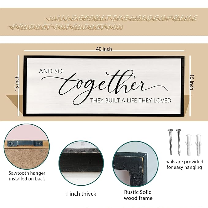 And So Together They Built A Life They Loved Sign 40”X15” Master Bedroom Above Bed Wall Decor Large Framed Wood Farmhouse Sign for Over Bed Bedside Wall Art for Love Sign Decor (Black)-Ruum Studio Home