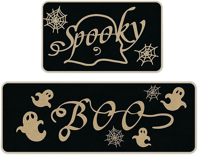 Halloween Kitchen Mat Set of 2, Spooky Spider Web Ghosts Boo Halloween Decor, Halloween Rug for Floor, Indoor Home Decor with Non-Slip Backing,17 x 29 Inch & 17 x 47 Inch-Ruum Studio Home