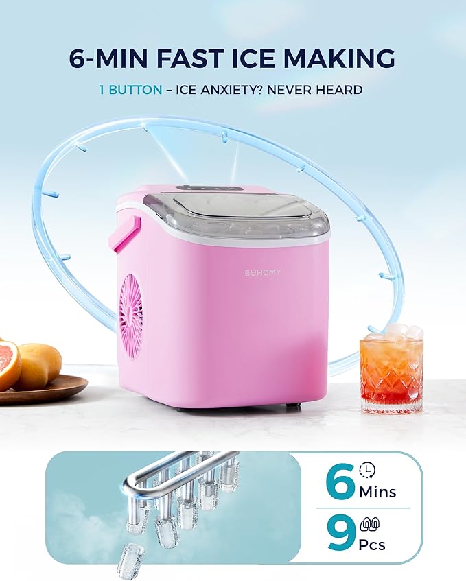 EUHOMY Countertop Ice Maker Machine with Handle, 26lbs in 24Hrs, 9 Ice Cubes Ready in 6 Mins, Auto-Cleaning Portable Ice Maker with Basket and Scoop, for Home/Kitchen/Camping/RV. (Pink)-Ruum Studio Home