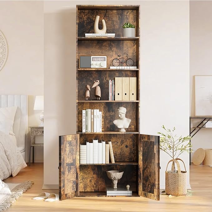 Tall Brown Wooden Bookshelf with Cabinet and Doors – 70.86" Bookcase with Doors, 6 Shelf Freestanding Tall Book Shelf for Living Room Storage, Bedroom, Home Office Organization – Brown Bookcase Wood-Ruum Studio Home