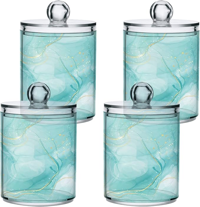 2 Pack Qtip Holder Dispenser Turquoise Marble Bathroom Storage Canister Lid Acrylic Plastic Apothecary Jar Set Vanity Makeup Organizer for Cotton Swabs/Pads/Floss-Ruum Studio Home