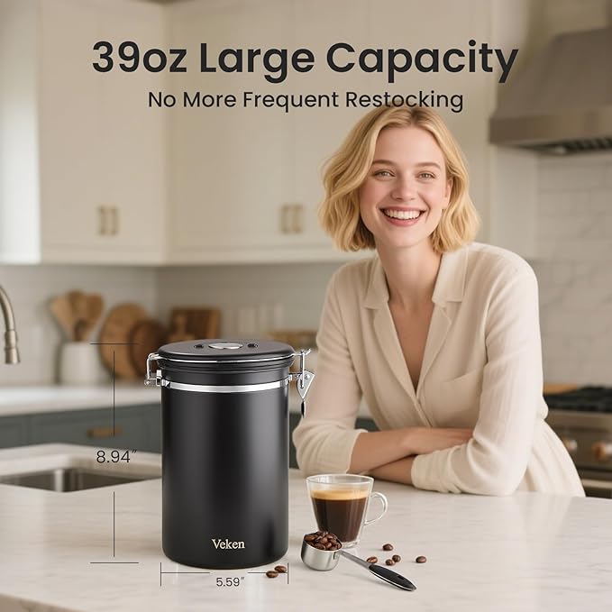 Veken Coffee Canister, 39OZ Large, Airtight Stainless Steel Food Storage Container for 2.2lbs Coffee Beans, Ground, Sugar, Tea, Flour, Rice, Cereal, Cookies Jars, Bar Accessories & Gifts, Black-Ruum Studio Home