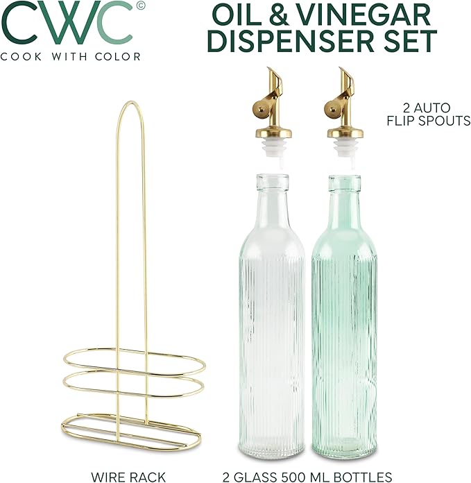 COOK WITH COLOR Glass Olive Oil Bottle Dispenser - 2 Pack- 17oz Oil and Vinegar Cruet - Olive Oil Carafe Decanter for Kitchen-Ruum Studio Home