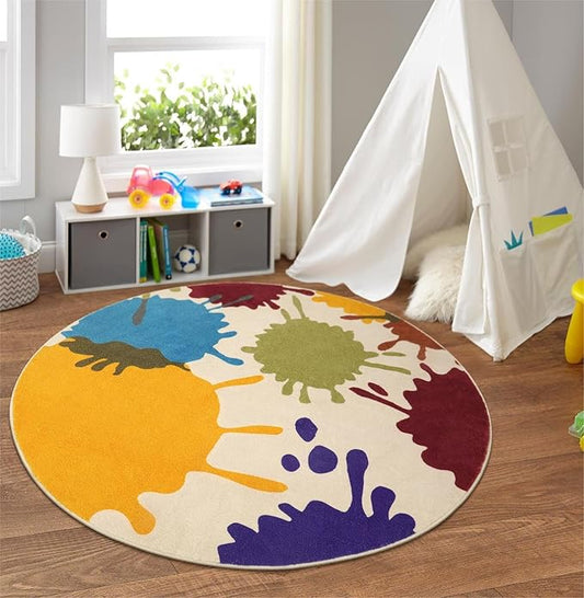 STARUIA Art Round Rug for Playroom, 4'x4' Colorful Kids Rug for Nursery, Non-Slip Small Circle Rugs for Kids Room, Machine Washable Bedroom Rugs Soft Circular Office Carpet for Preschool Dorm-Ruum Studio Home