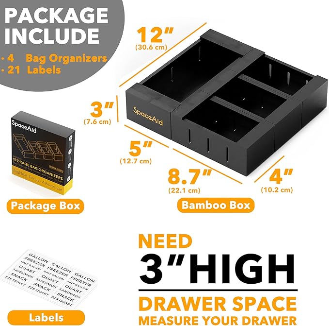 SpaceAid Bag Storage Organizer for Kitchen Drawer, Bamboo Organizer, Compatible with Gallon, Quart, Sandwich and Snack Variety Size Bag (4 Pack), Black-Ruum Studio Home