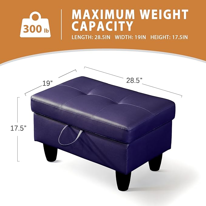 Ottoman Rectangular Storage Ottoman Bench, Faux Leather Footrest, Coffee Table, Stool Footstool with Hinged Lid for Living Room, Bedroom, Entryway, Blue, 28.5"x19"x17.5"-Ruum Studio Home
