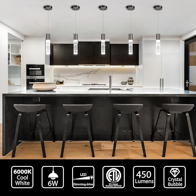 OKELI Modern Pendant Lights, LED Bubble Crystal Kitchen Island Lights Fixtures, Black Mini Single Pendant Lighting for Kitchen Island Bar,6W,6000K, ETL,3Pack-Ruum Studio Home