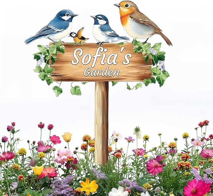Personalized Colorful Bird Metal Sign with Stake,Custom Gardener Last Name Signs Outdoor Decorate,Customized Garden Accessories Decor for Mother,Birds on the Branch Plaques for Patio Lawn Porch Yard-Ruum Studio Home