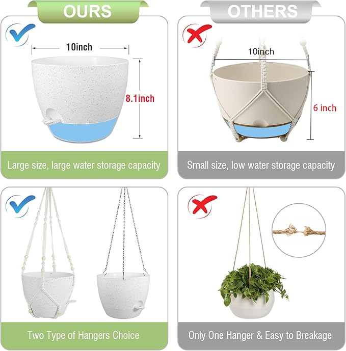 10 inch Self Watering Hanging Planters, 2 Pack Hanging Baskets for Indoor Outdoor Plants, Hanging Flower Pots with Drainage Holes and 2 Kinds of Plant Hangers for Garden Decor, Speckled White-Ruum Studio Home