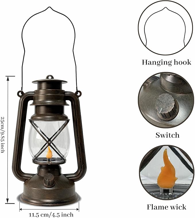 Vintage LED Outdoor Lantern Battery Powered Lanterns with Flame Wick Waterproof Camping Lamp Non-Solar Hanging Lantern Lights Landscape Decor for Indoor/Outdoor Use-Ruum Studio Home