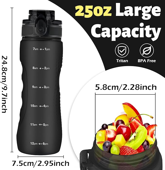 OLDLEY 25 oz Water Bottle, Motivational Water Bottle with Time Marker, Sports Water Bottle With Strap, Leakproof & BPA Free Large Water Bottles for School, Gym, Travel, Outdoor, Tritan,Black-Ruum Studio Home