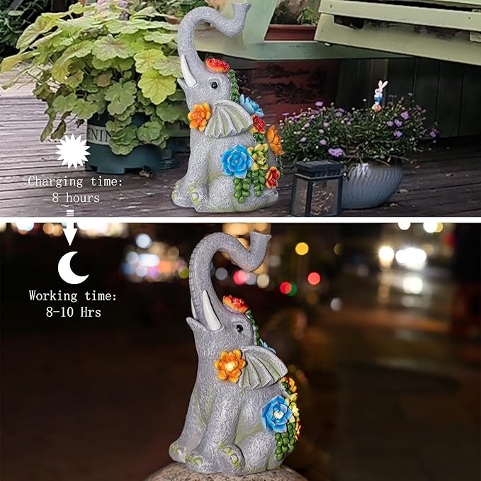 Elephant Garden Statue Solar Lamp with 8 Led Lights Decor Outdoor Resin Waterproof Sculpture Patio Lawn Yard Porch Decorations Housewarming Gifts for Women Mom Grandma-Ruum Studio Home