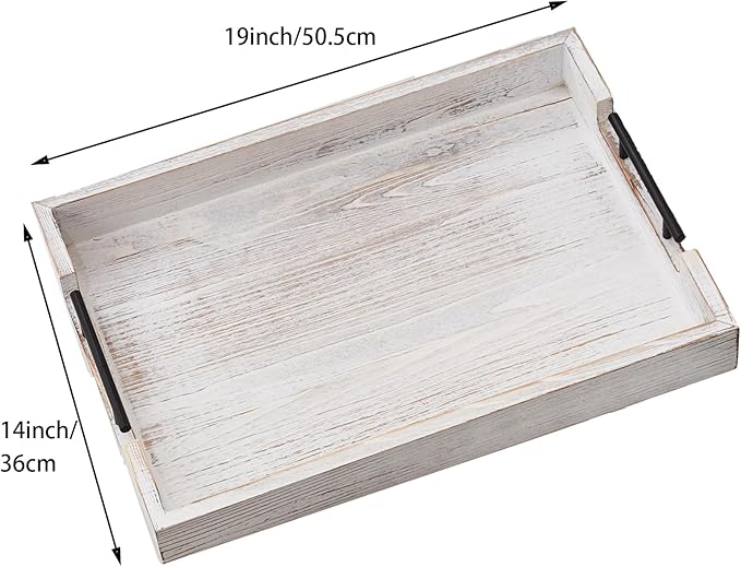 Ottoman Tray Large Serving Trays Farmhouse Decor Wooden Coffee Table Platter with Handles White Tray for Bed Kitchen Living Room 19 * 14Inch-Ruum Studio Home