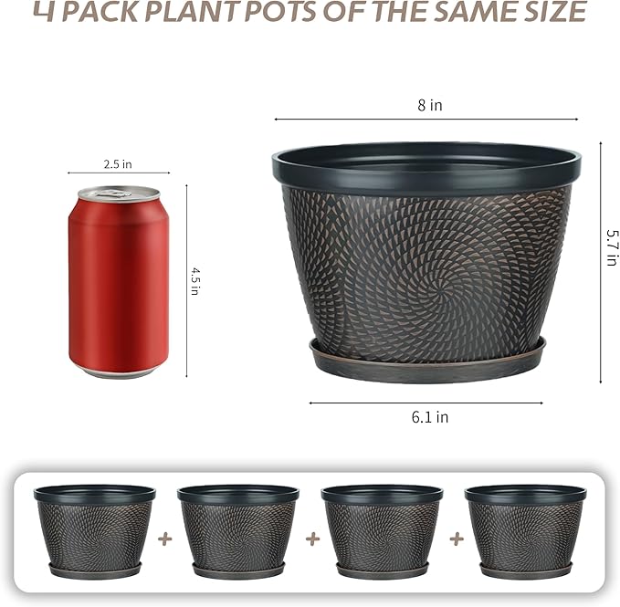 Quarut 4 Pack 8 Inch Flower Pots for Outdoor Indoor, Plastic Plant Pots with Drainage Hole & Saucer, Lightweight Small Flower Pot, Circle Pattern Planters for Garden House planters（Black Copper）-Ruum Studio Home
