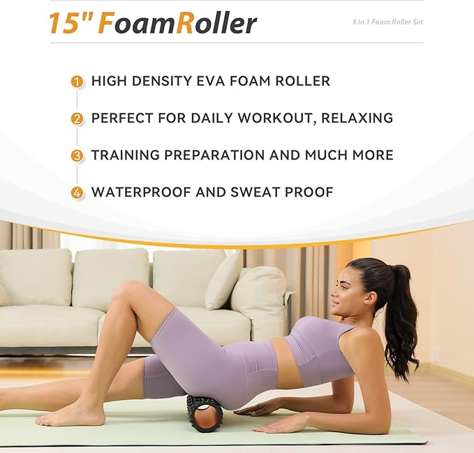 5 in1 Foam Roller Set, Trigger Point Foam Roller, Massage Roller Stick, Massage Ball, Resistance Band for Deep Muscle Massage Pilates Yoga,Fitness Exercise for Whole Body (Pure Black)-Ruum Studio Home