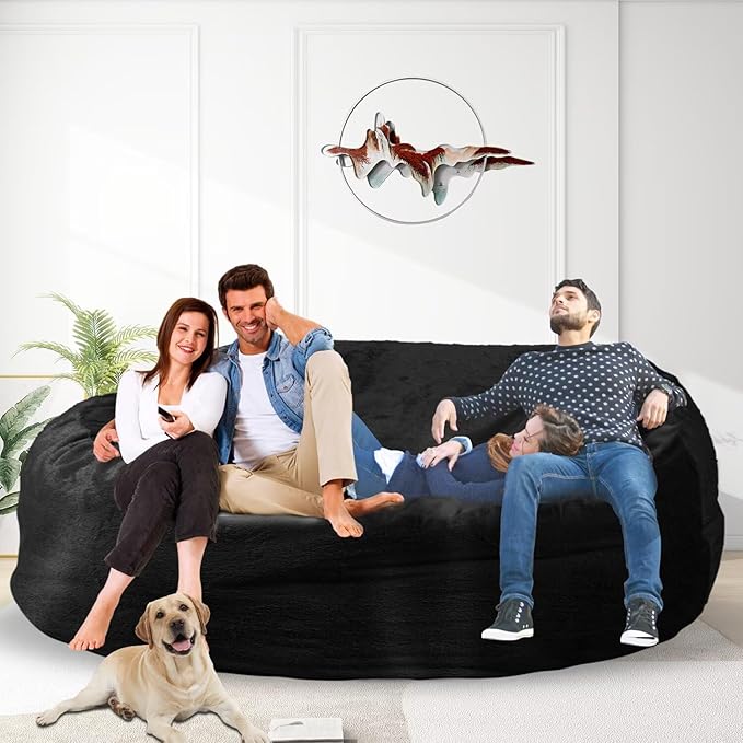 Bean Bag Chair for Adults 7FT,Soft Removable Cover for Teens/Girls Bedroom,Fluffy Giant Round Floor Beanbag Lounger Chairs (No Filler,Black)-Ruum Studio Home