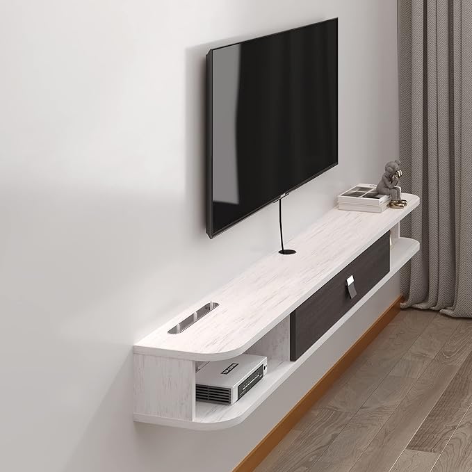 Pmnianhua Floating TV Console,63'' Wall-Mounted Media Console TV Cabinet Floating TV Stand Entertainment Shelf with Door and Storage (Grey White)-Ruum Studio Home