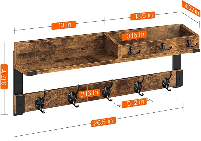 Homode Coat Rack with Shelf, Wall Shelf with Hooks, 26 Inch Long Coat Hanger Wall Mount with Key and Mail Holder, Wood Entryway Shelves for Hanging Hat Jacket Backpack Purse, Rustic Brown Black-Ruum Studio Home