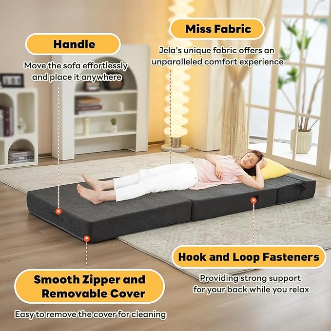 jela Foldable Sofa Bed Large Soft Foam Convertible Sleeper Chair Luxury Miss Fabric Fold Out Chair Bed Floor Couch with Back Support Floor Sofa for Living Room Bedroom (83"x33",Dark Gray)-Ruum Studio Home