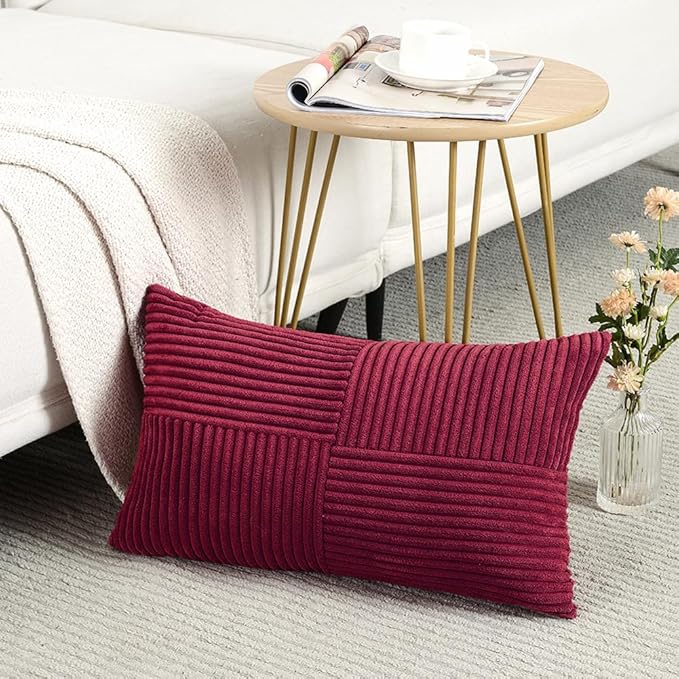 Fancy Homi 2 Packs Burgundy Long Lumbar Decorative Throw Pillow Covers 12x24 Inch for Couch Bed Sofa, Rustic Farmhouse Boho Home Decor, Soft Striped Corduroy Rectangle Accent Cushion Case 30x60 cm-Ruum Studio Home