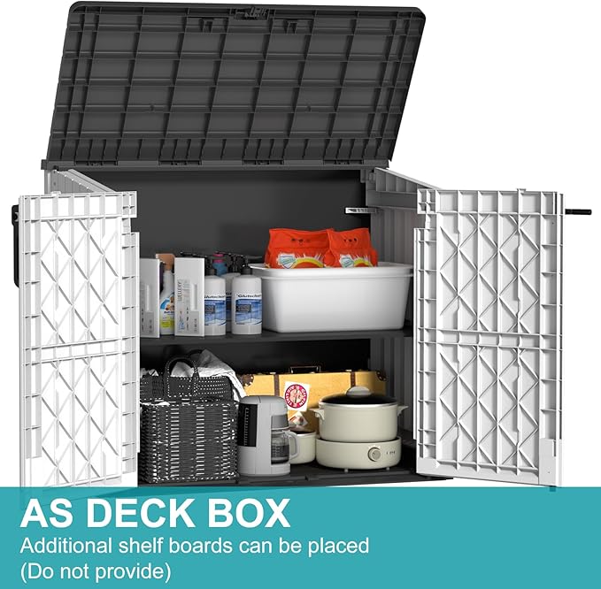 Vixzen 233 Gallon Larger Outdoor Deck Box,Lockable Resin Waterproof Storage Box,UV Resistant,Weather Resistance,Outside Storage Bin for Gardening Tools,Pool Supplies, Black and White-Ruum Studio Home