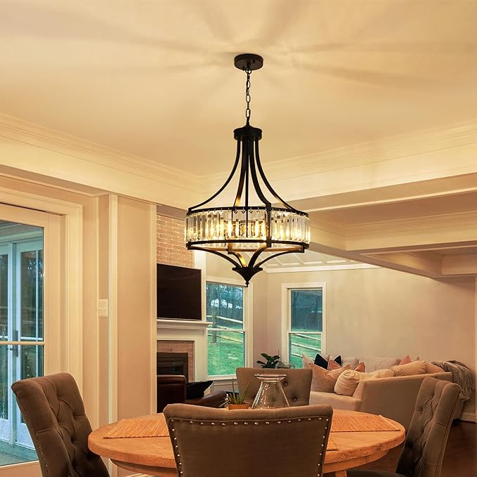 20" Modern Farmhouse Crystal Chandeliers for Dining Room, 5-Light Black Antique Pendant Chandelier, Contemporary Hanging Light Fixture for Living Room Bedroom Foyer Kitchen Island Entryway-Ruum Studio Home