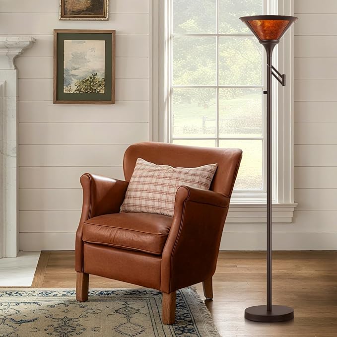 Floor Lamps for Living Room - 70" Brown Torchiere Standing Floor Lamp with Adjustable Swing Arm - Tall Corner Lamp Decor for Bedroom with Mica Shade LED Reading Light for Home Office-Ruum Studio Home