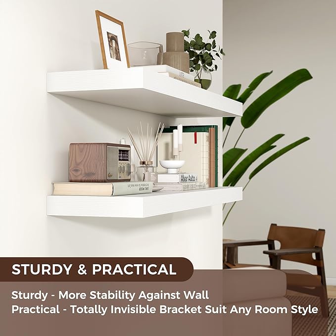 Floating Shelves for Wall, 2 Large Wall Mounted Shelves with Invisible Brackets, Long Wood Floating Wall Shelf Shelves for Living Room, Bedroom, Kitchen, (White, 48" W x 9" D x 1.5" H)-Ruum Studio Home