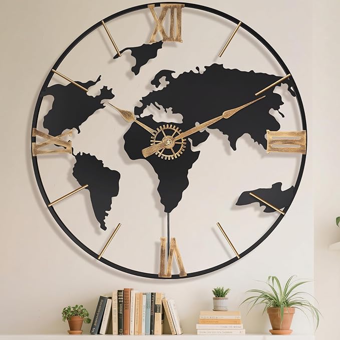 30 Inch Large Modern Decorative Metal World Map Wall Clocks Giant Extra Vintage Gold Roman Numeral Oversized Wall Clock for Living Room,Office,Dining Room,Entryway,Fireplace-Ruum Studio Home