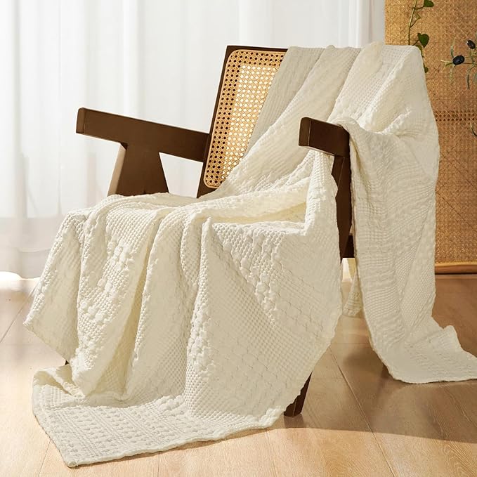 PHF 100% Cotton Waffle Weave Throw Blanket, Soft Lightweight Breathable Cozy Summer Throws for Couch Bed Sofa, Luxury Aesthetic Woven Blanket for Home Decor & Office, 50"x60", Cannoli Cream-Ruum Studio Home