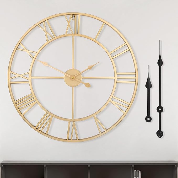 LEIKE Large Modern Wall Clocks,18" Gold Metal,Rustic,Round,Silent Non Ticking,Battery Operated Roman Numerals Clock for Living Room/Bedroom/Kitchen Wall Decor-(Gold, 47cm)-Ruum Studio Home