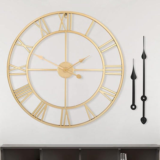 LEIKE Large Modern Wall Clocks,18" Gold Metal,Rustic,Round,Silent Non Ticking,Battery Operated Roman Numerals Clock for Living Room/Bedroom/Kitchen Wall Decor-(Gold, 47cm)
