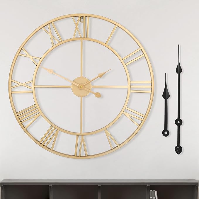 LEIKE Large Modern Wall Clocks,24" Gold Metal,Rustic,Round,Silent Non Ticking,Battery Operated Roman Numerals Clock for Living Room/Bedroom/Kitchen Wall Decor-(Gold, 60cm)-Ruum Studio Home