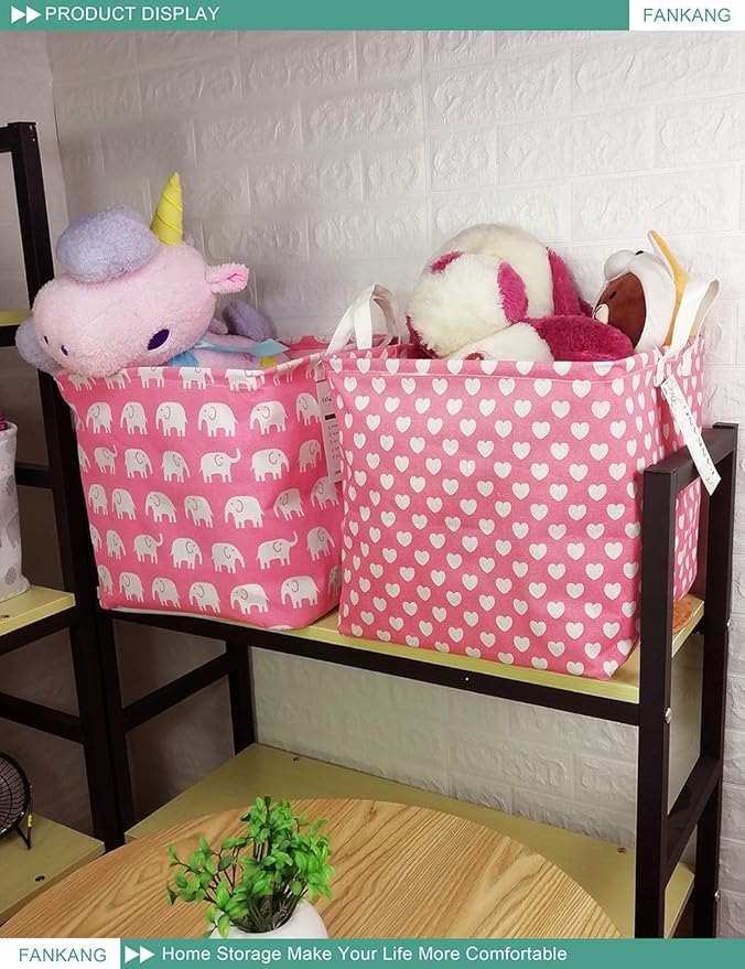 FANKANG Square Nursery Hamper Storage Bins Canvas Laundry Basket Foldable with Waterproof PE Coating Storage Baskets Gift Baskets for Children, Office, Bedroom, Clothes（Square-Pink Heart ）-Ruum Studio Home