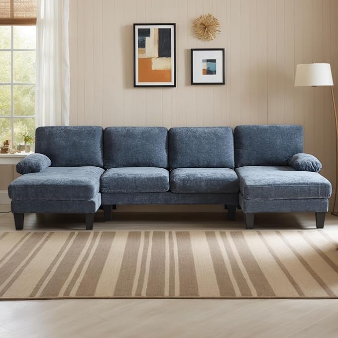 Karl home U-Shape Sectional Sofa Couch 111" Modern 4-Seat Sofa with Chaises Chenille Fabric Upholstered Covertible Couch with Wood Grain Legs for Living Room, Reception Room, Apartment, Navy Blue-Ruum Studio Home