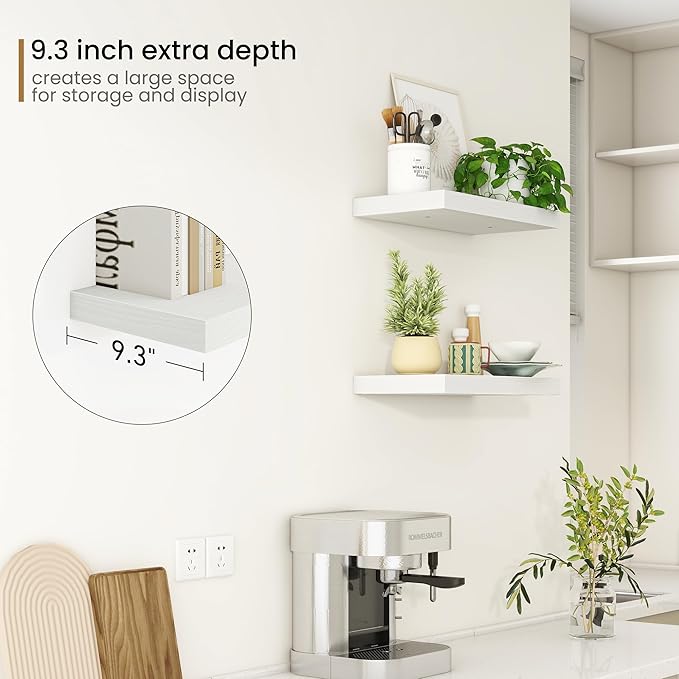 Fun Memories Deep Floating Shelves - 16" W x 9" D x 1.6" H Rustic White Wall Shelf - Wall Mounted Shelves for Storage - Wooden Shelves with Invisible Brackets for Living Room, Farmhouse - Set of 2-Ruum Studio Home