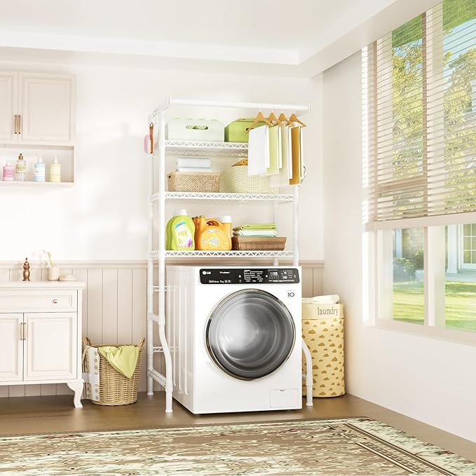 Ulif U11 Over Washer and Dryer Shelves, 3 Tiers Laundry Room Storage and Organizer Standing Shelf, Metal Freestanding Clothes Drying Rack, 33.9" W x 19.7" D x 77.6" H, White-Ruum Studio Home