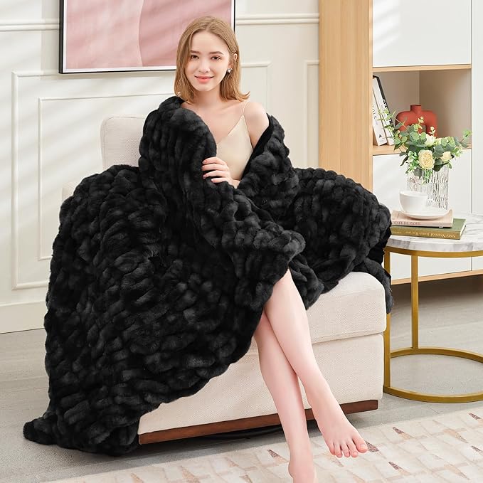 Ultra Soft Luxury Faux Fur Twin Blanket for Counch,Fuzzy Fluffy Plush Warm Cozy Elegant Wrinkled Blanket for Sofa Bedroom Living Room,（60"x80",Tie-dye Black）-Ruum Studio Home