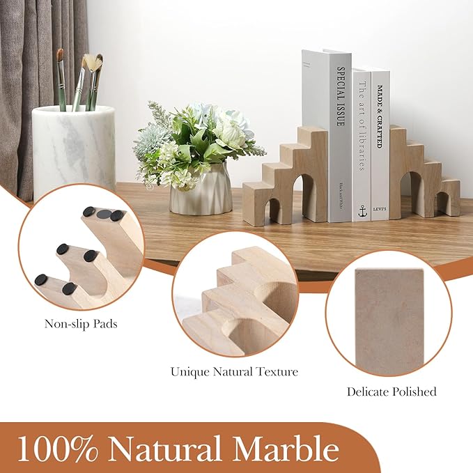 Natural Marble Book Ends for Shelves, Decorative Bookends for Heavy Books, CastleGuard Bookend Book Holder Stopper for Home Office Desk Bookshelf Decoration, Turkey Natural Marble, Set of 2-Ruum Studio Home