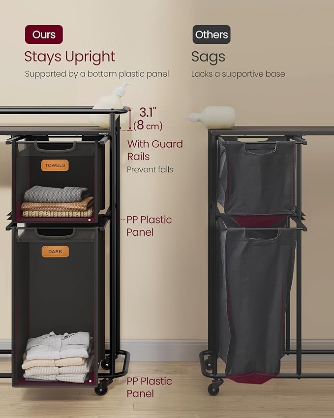 VASAGLE Laundry Sorter, Laundry Hamper with Wheels, 39.6 Gal. (150 L) Portable Rolling Cart Baskets with Shelf, 4 Removable Liners and 6 Labels, Ink Black and Chestnut Brown URLS100B01-Ruum Studio Home