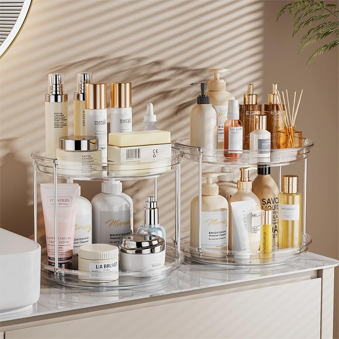 LAMU 2 Pack 2 Tier Lazy Susan Turntable Organizer 9.25'' Rotating Spice Rack Organization for Cabinet, Kitchen, Pantry, Countertop, Bathroom, Vanity, Medicine Cabinet Organizer, Clear-Ruum Studio Home