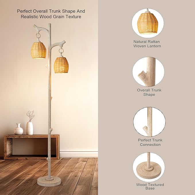 68" High Farmhouse Rustic Country Cottage Floor Lamp Tree Trunk Faux Wood Column White Washed Wicker Drum Shade Decor for Living Room Bedroom Reading Room-Ruum Studio Home